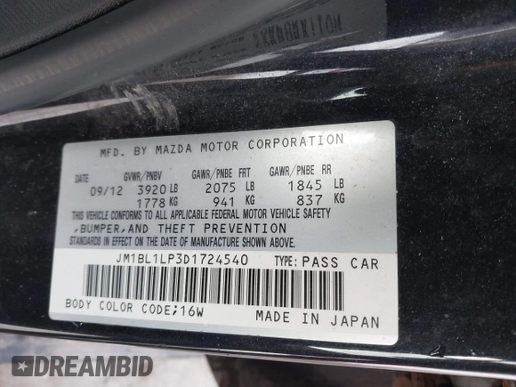 2013 Mazda 3 i Touring with VIN JM1BL1LP3D1724540, listed as a IAAI auction lot 41528716 with 217,670 mi miles and . Bid and sale history available at carsss.com. Image 9.