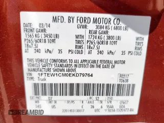 2014 Ford F-150 XL с VIN 1FTEW1CM0EKD79764, выставлен на аукционе Copart как лот 59053215 с пробегом 256 222 миль миль и Списание • Salvage title. История ставок и продаж доступна на DreamBid. Изображение 12.