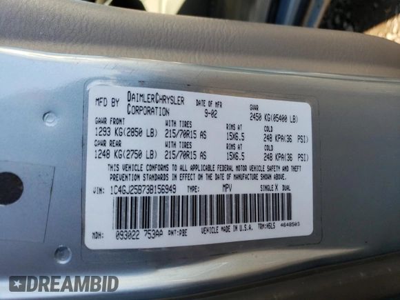 2003 Chrysler Voyager with VIN 1C4GJ25B73B156949, listed as a Copart auction lot 42314095 with 260,667 mi miles and Salvage Title. Bid and sale history available at carsss.com. Image 13.