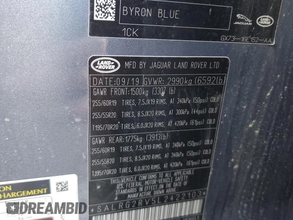 2020 Land Rover Discovery SE with VIN SALRG2RV5L2422103, listed as a Copart auction lot 52536165 with 79,553 mi miles and Salvage Title. Bid and sale history available at DreamBid. Image 13.
