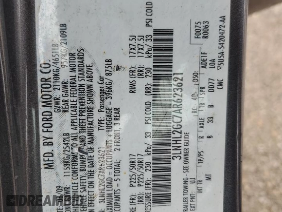 2010 Lincoln MKZ with VIN 3LNHL2GC7AR623621, listed as a Copart auction lot 50513235 with 60,127 mi miles and Salvage Title. Bid and sale history available at carsss.com. Image 12.