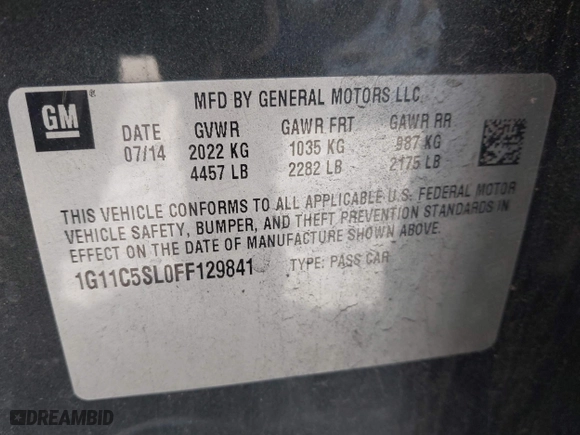 2015 Chevrolet Malibu LT with VIN 1G11C5SL0FF129841, listed as a IAAI auction lot 41746467 with 170,303 mi miles. Bid and sale history available at carsss.com. Image 9.