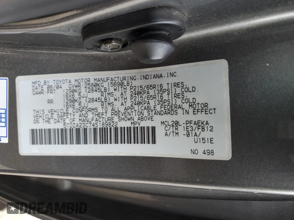 2004 Toyota Sienna CE with VIN 5TDZA23C74S189822, listed as a Copart auction lot 50468575 with 205,332 mi miles and Clean Title. Bid and sale history available at DreamBid. Image 13.