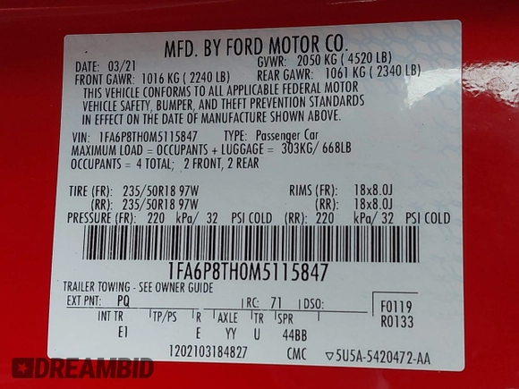 2021 Ford Mustang EcoBoost with VIN 1FA6P8TH0M5115847, listed as a IAAI auction lot 42221654 with 37,048 mi miles and . Bid and sale history available at DreamBid. Image 9.