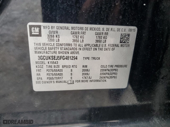 2015 Chevrolet Silverado 1500 LTZ with VIN 3GCUKSEJ5FG481294, listed as a Copart auction lot 44141505 with 148,394 mi miles and Salvage Title. Bid and sale history available at carsss.com. Image 14.