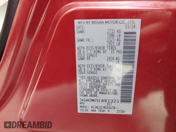 2014 Nissan Pathfinder Platinum with VIN 5N1AR2MN7EC681321, listed as a IAAI auction lot 42543921 with 149,635 mi miles and . Bid and sale history available at DreamBid. Image 9.