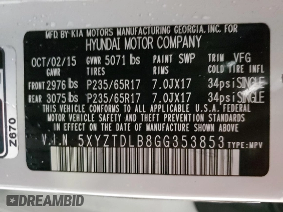 2016 Hyundai Santa Fe z VIN 5XYZTDLB8GG353853, wystawiony jako Copart lot #51740105 z przebiegiem 147 007 mil mil oraz Szkoda całkowita • Salvage title. Historia ofert i sprzedaży dostępna na DreamBid. Obrazek 14.
