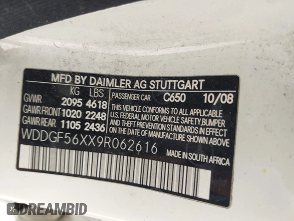 2009 Mercedes-Benz C 350 Sport with VIN WDDGF56XX9R062616, listed as a IAAI auction lot 42518928 with Not provided miles and . Bid and sale history available at DreamBid. Image 9.