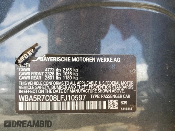 2020 BMW 3 Series 330i xDrive with VIN WBA5R7C08LFJ10597, listed as a Copart auction lot 53840925 with Not Provided miles and Salvage Title. Bid and sale history available at DreamBid. Image 12.