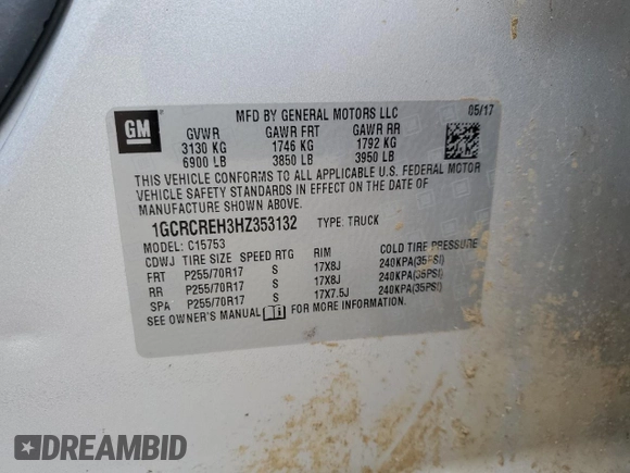 2017 Chevrolet Silverado 1500 LT with VIN 1GCRCREH3HZ353132, listed as a Copart auction lot 47056205 with 97,641 mi miles and Salvage Title. Bid and sale history available at DreamBid. Image 12.