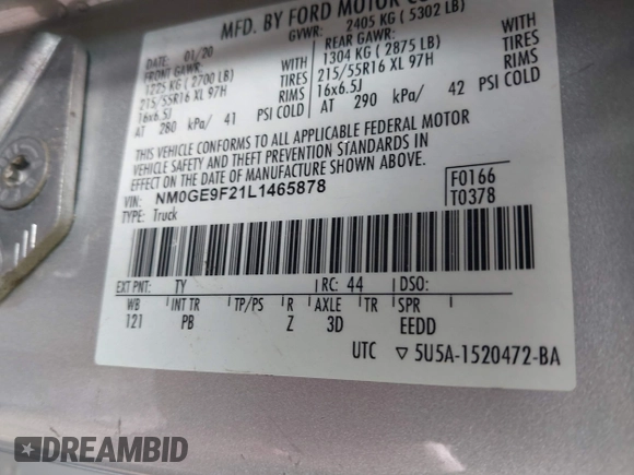 2020 Ford Transit Connect XLT with VIN NM0GE9F21L1465878, listed as a IAAI auction lot 41623436 with 66,083 mi miles and . Bid and sale history available at DreamBid. Image 9.