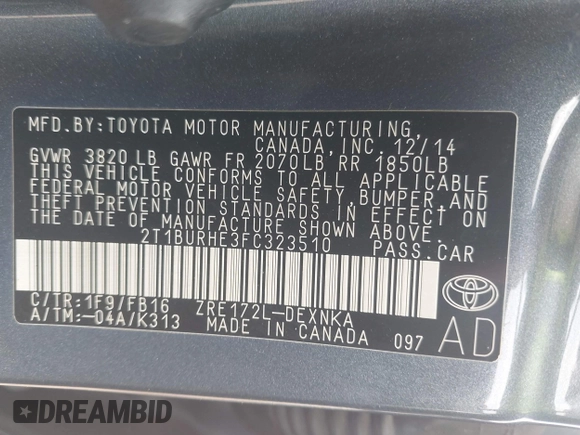 2015 Toyota Corolla L z VIN 2T1BURHE3FC323510, wystawiony jako IAAI lot #42040468 z przebiegiem 94 089 mil mil oraz . Historia ofert i sprzedaży dostępna na DreamBid. Obrazek 9.