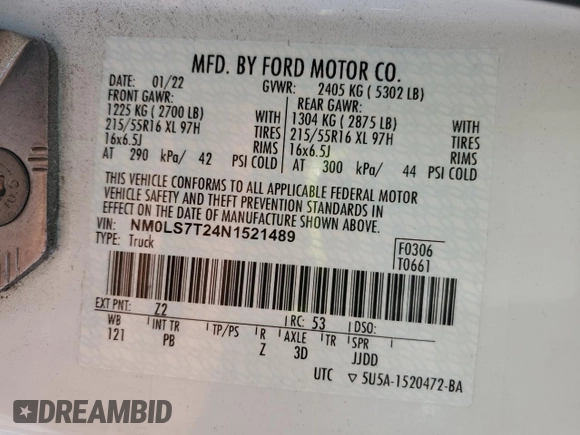 2022 Ford Transit Connect XLT with VIN NM0LS7T24N1521489, listed as a Copart auction lot 53102555 with 200,969 mi miles and Clean title. Bid and sale history available at DreamBid. Image 13.