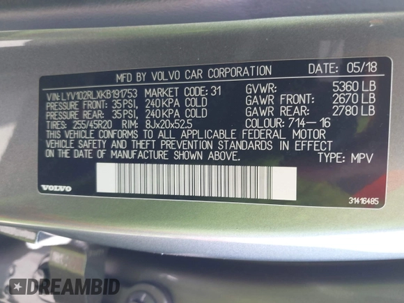 2019 Volvo XC60 Inscription with VIN LYV102RLXKB191753, listed as a IAAI auction lot 42489719 with 73,967 mi miles and . Bid and sale history available at DreamBid. Image 9.