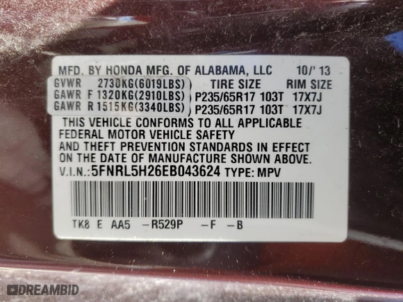 2014 Honda Odyssey LX with VIN 5FNRL5H26EB043624, listed as a Copart auction lot 47410315 with 185,302 mi miles and Salvage Title. Bid and sale history available at carsss.com. Image 14.