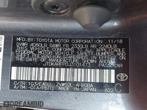 2018 Toyota Prius Plus with VIN JTDKARFP0J3101473, listed as a IAAI auction lot 41857956 with 110,020 mi miles and . Bid and sale history available at DreamBid. Image 9.