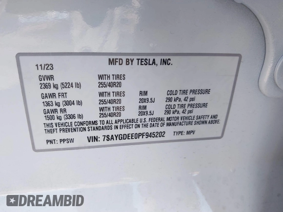2023 Tesla Model Y Long Range with VIN 7SAYGDEE0PF945202, listed as a IAAI auction lot 41611762 with 7,316 mi miles and . Bid and sale history available at DreamBid. Image 9.