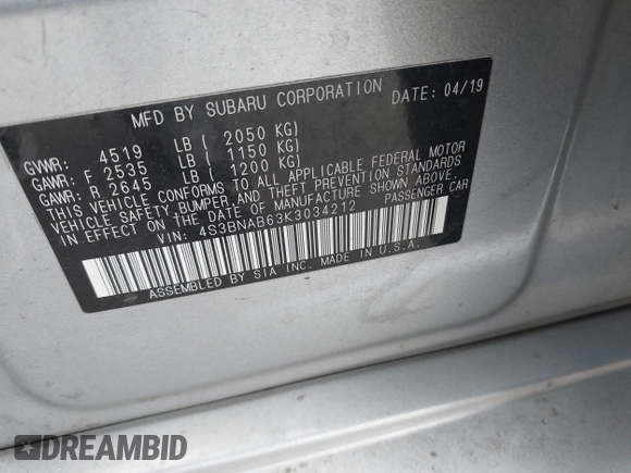 2019 Subaru Legacy with VIN 4S3BNAB63K3034212, listed as a IAAI auction lot 41937269 with 139,187 mi miles. Bid and sale history available at carsss.com. Image 9.