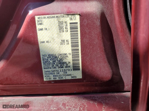 2014 Nissan Altima 2.5 SV with VIN 1N4AL3AP7EC119703, listed as a Copart auction lot 52381725 with 182,169 mi miles and Clean Title. Bid and sale history available at carsss.com. Image 12.
