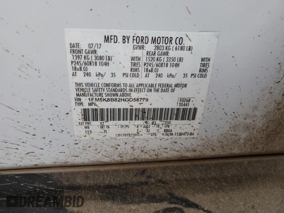 2017 Ford Explorer z VIN 1FM5K8B82HGD58779, wystawiony jako Copart lot #49643485 z przebiegiem 121 400 mil mil oraz Szkoda całkowita • Salvage title. Historia ofert i sprzedaży dostępna na DreamBid. Obrazek 14.