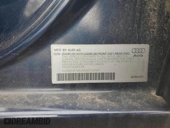 2010 Audi A4 2.0T Premium Plus with VIN WAUWFAFL0AA070364, listed as a Copart auction lot 53950565 with 0 mi miles and Clean Title. Bid and sale history available at carsss.com. Image 12.