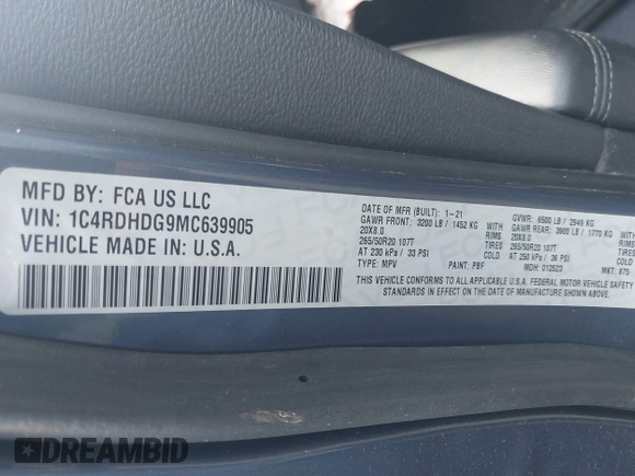 2021 Dodge Durango GT Plus with VIN 1C4RDHDG9MC639905, listed as a IAAI auction lot 41743821 with 102,328 mi miles and . Bid and sale history available at DreamBid. Image 9.