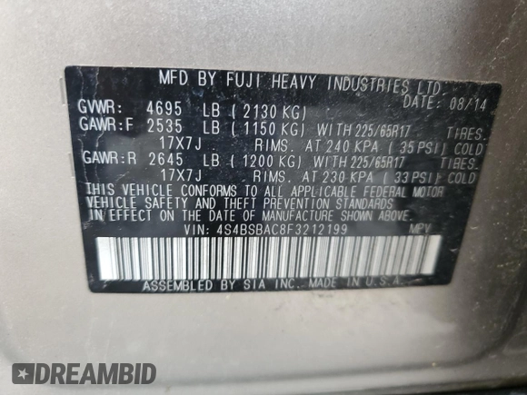 2015 Subaru Outback 2.5i с VIN 4S4BSBAC8F3212199, выставлен на аукционе Copart как лот 57773105 с пробегом 143 568 миль миль и Списание • Salvage title. История ставок и продаж доступна на DreamBid. Изображение 12.