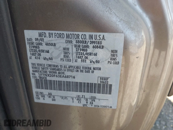 2003 Ford F-250 XL с VIN 1FTNX20F63EA68716, выставлен на аукционе IAAI как лот 42263651 с пробегом 181 913 миль миль и . История ставок и продаж доступна на DreamBid. Изображение 9.