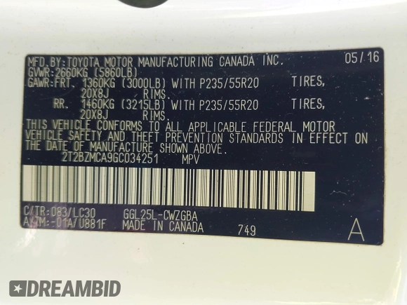 2016 Lexus RX 350 with VIN 2T2BZMCA9GC034251, listed as a IAAI auction lot 42207528 with 98,378 mi miles and . Bid and sale history available at DreamBid. Image 9.