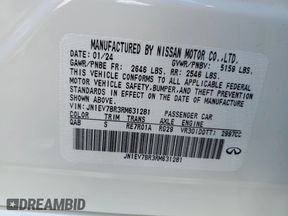 2024 Infiniti Q50 Luxe with VIN JN1EV7BR3RM631281, listed as a Copart auction lot 72021944 with 3,994 mi miles and Salvage Title. Bid and sale history available at DreamBid. Image 12.