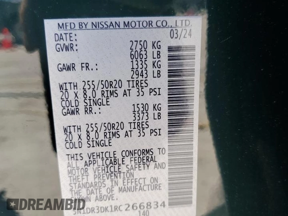 2024 Nissan Pathfinder Platinum with VIN 5N1DR3DK1RC266834, listed as a Copart auction lot 52101895 with 2,046 mi miles and Salvage title. Bid and sale history available at DreamBid. Image 14.