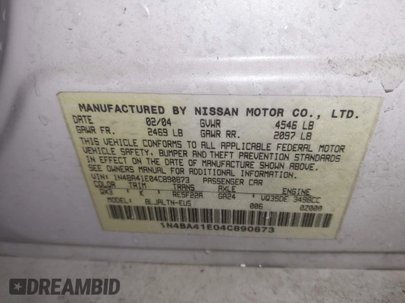2004 Nissan Maxima SE with VIN 1N4BA41E04C890873, listed as a IAAI auction lot 41468051 with 171,641 mi miles and . Bid and sale history available at DreamBid. Image 9.