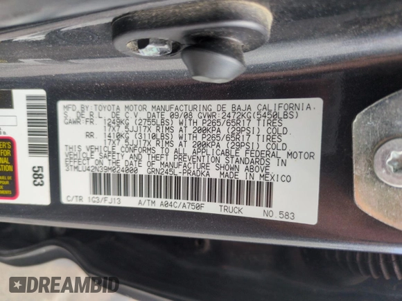 2009 Toyota Tacoma with VIN 3TMLU42N39M024000, listed as a Copart auction lot 55301375 with 210,068 mi miles and Salvage Title. Bid and sale history available at DreamBid. Image 12.
