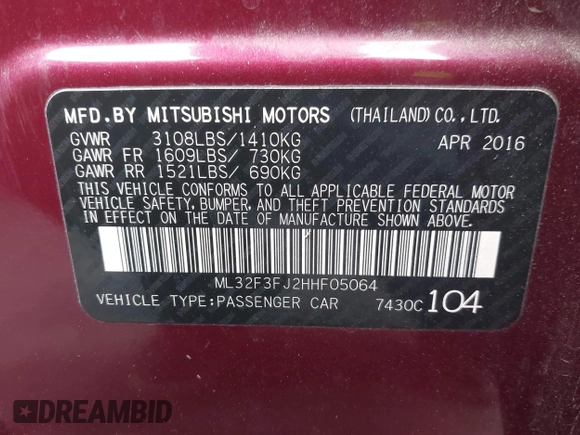 2017 Mitsubishi Mirage ES z VIN ML32F3FJ2HHF05064, wystawiony jako IAAI lot #42249561 z przebiegiem 47 370 mil mil oraz . Historia ofert i sprzedaży dostępna na DreamBid. Obrazek 9.