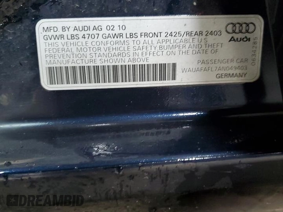 2010 Audi A4 2.0T Premium with VIN WAUAFAFL7AN049403, listed as a Copart auction lot 44896155 with 105,010 mi miles and Salvage Title. Bid and sale history available at carsss.com. Image 13.