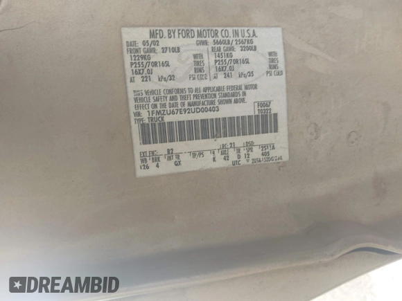 2002 Ford Explorer Sport Trac Value с VIN 1FMZU67E92UD00403, выставлен на аукционе IAAI как лот 42490059 с пробегом 213 550 миль миль и . История ставок и продаж доступна на DreamBid. Изображение 9.