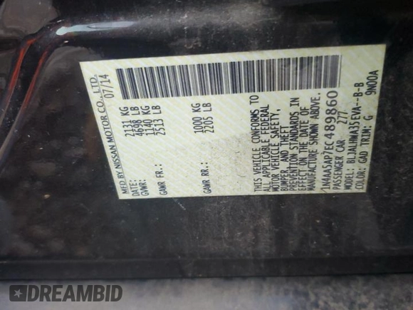 2014 Nissan Maxima S with VIN 1N4AA5AP7EC489860, listed as a Copart auction lot 85394734 with 118,274 mi miles and Salvage Title. Bid and sale history available at DreamBid. Image 14.