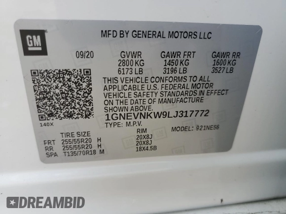 2020 Chevrolet Traverse High Country with VIN 1GNEVNKW9LJ317772, listed as a Copart auction lot 72787954 with 27,042 mi miles and Salvage Title. Bid and sale history available at carsss.com. Image 16.