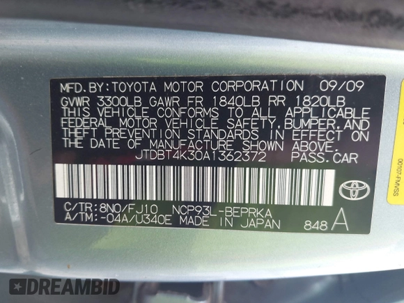 2010 Toyota Yaris with VIN JTDBT4K30A1362372, listed as a IAAI auction lot 42130449 with 188,883 mi miles. Bid and sale history available at carsss.com. Image 9.