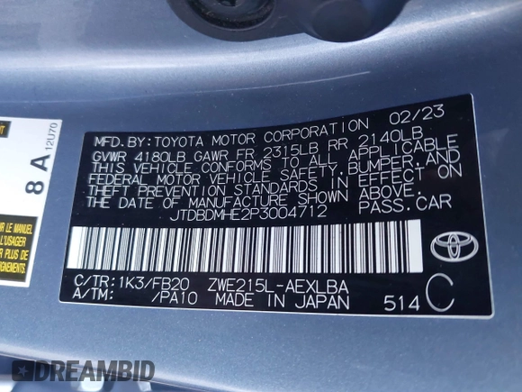 2023 Toyota Corolla Hybrid LE with VIN JTDBDMHE2P3004712, listed as a IAAI auction lot 41235157 with 79,581 mi miles. Bid and sale history available at carsss.com. Image 9.