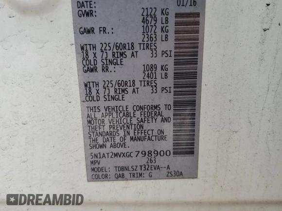 2016 Nissan Rogue SV z VIN 5N1AT2MVXGC798900, wystawiony jako Copart lot #58098955 z przebiegiem 96 011 mil mil oraz Szkoda całkowita • Salvage title. Historia ofert i sprzedaży dostępna na DreamBid. Obrazek 13.