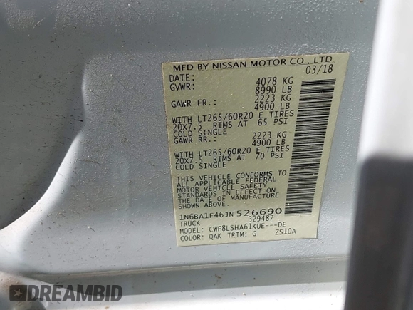 2018 Nissan Titan XD SV with VIN 1N6BA1F46JN526690, listed as a IAAI auction lot 41989215 with 129,626 mi miles. Bid and sale history available at carsss.com. Image 9.