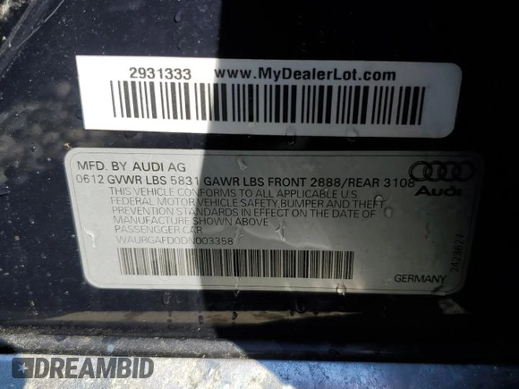2013 Audi A8 3.0L with VIN WAURGAFD0DN003358, listed as a Copart auction lot 46038825 with 114,973 mi miles and Clean title. Bid and sale history available at DreamBid. Image 12.