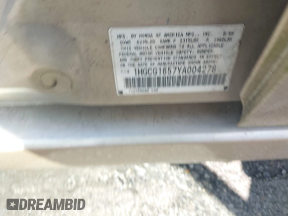 2000 Honda Accord EX с VIN 1HGCG1657YA004278, выставлен на аукционе IAAI как лот 42240210 с пробегом 484 941 миль миль и . История ставок и продаж доступна на DreamBid. Изображение 9.