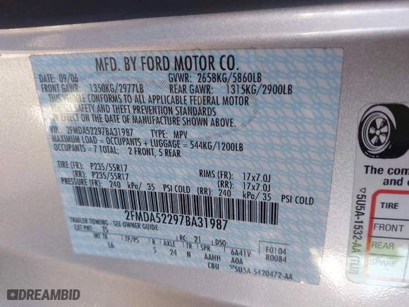 2007 Ford Freestar Wagon SEL with VIN 2FMDA52297BA31987, listed as a IAAI auction lot 41385567 with 133,154 mi miles. Bid and sale history available at carsss.com. Image 9.