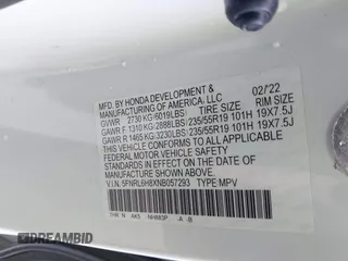 2022 Honda Odyssey Touring with VIN 5FNRL6H8XNB057293, listed as a IAAI auction lot 41826014 with 30,454 mi miles and . Bid and sale history available at DreamBid. Image 9.