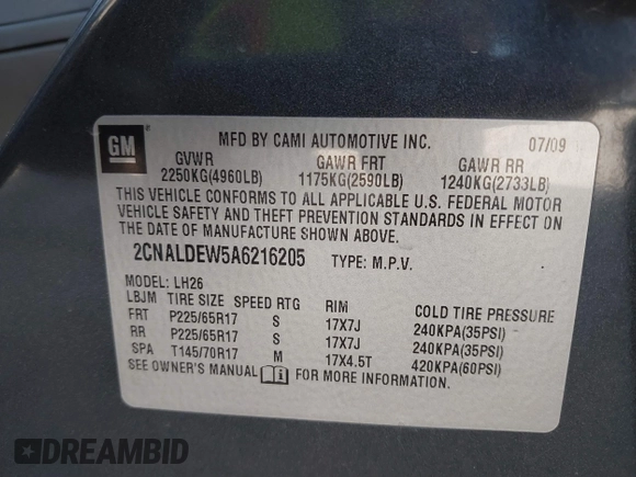 2010 Chevrolet Equinox LT w/1LT with VIN 2CNALDEW5A6216205, listed as a IAAI auction lot 41791077 with 85,908 mi miles. Bid and sale history available at carsss.com. Image 9.