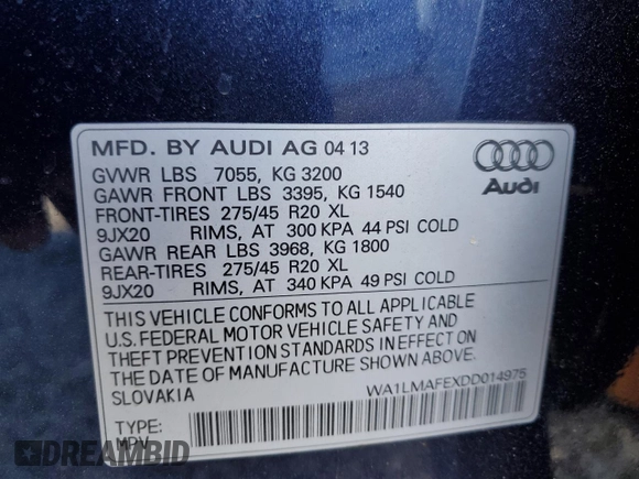 2013 Audi Q7 3.0L TDI Premium Plus with VIN WA1LMAFEXDD014975, listed as a Copart auction lot 83633844 with 51,047 mi miles and Salvage Title. Bid and sale history available at carsss.com. Image 14.