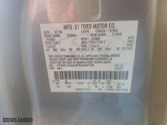2007 Ford Escape XLS with VIN 1FMCU02Z47KA50729, listed as a Copart auction lot 62275934 with 304,945 mi miles and Salvage Title. Bid and sale history available at carsss.com. Image 12.
