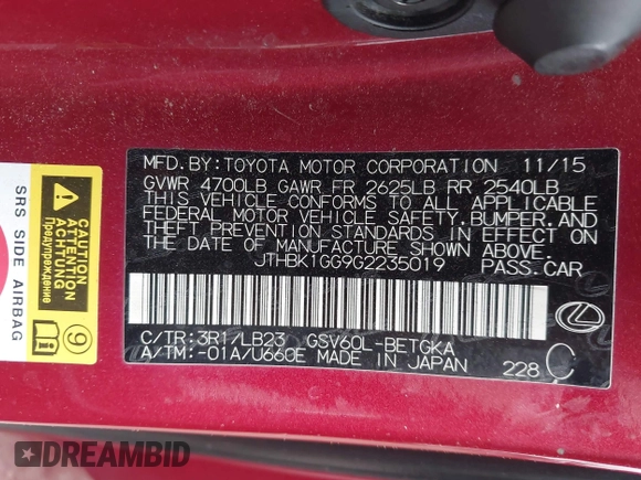 2016 Lexus ES 330 with VIN JTHBK1GG9G2235019, listed as a IAAI auction lot 42416486 with 106,641 mi miles and . Bid and sale history available at DreamBid. Image 9.
